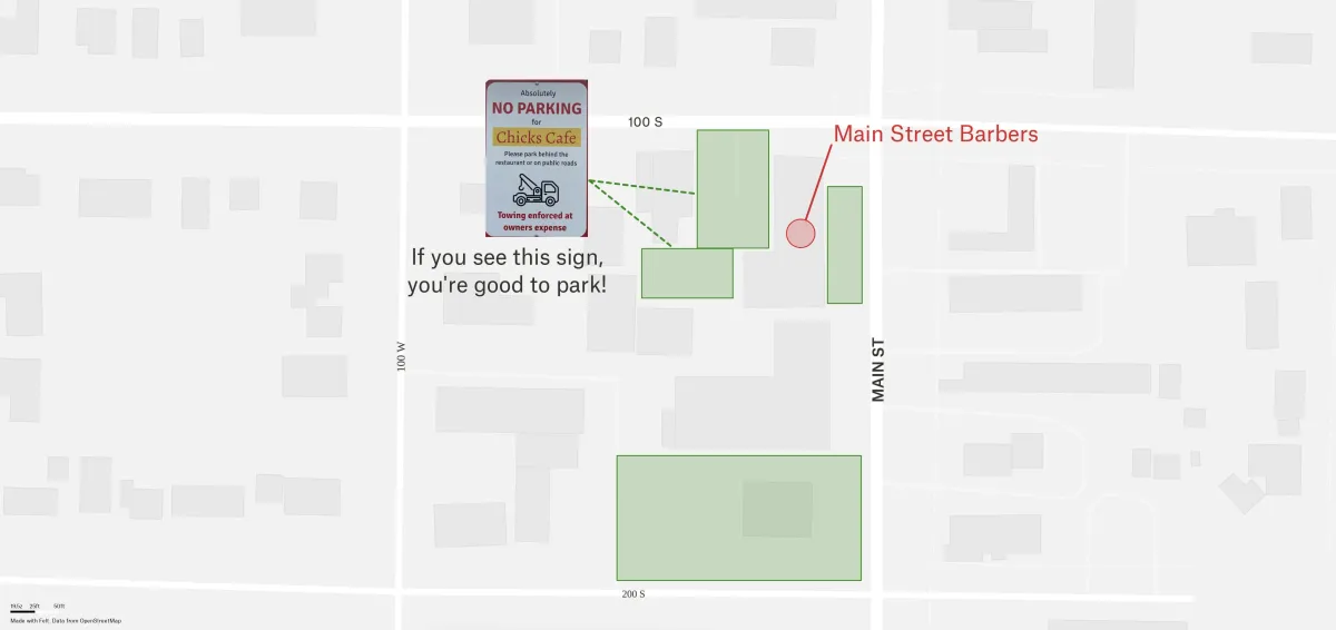Map of downtown Heber City marking three parking zones for Main Street Barbers — west lot behind the building, south lot near the Pioneer Museum, and street parking out front along Main Street.
